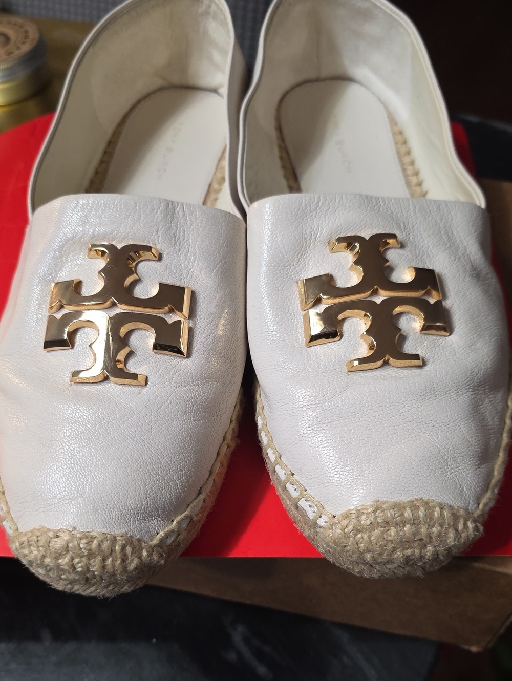 Tory Burch Cream Leather Espadrille Flats with Gold Emblem